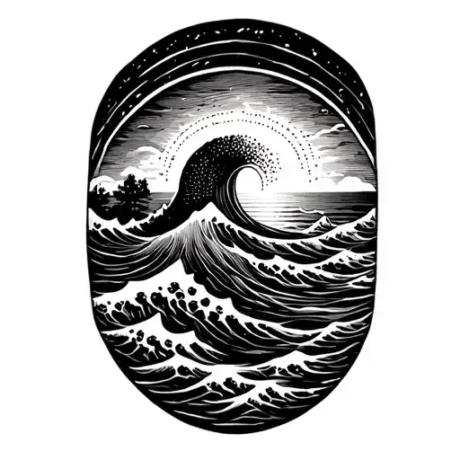  gentle wave half sleeve , sun setting sun by the sea with Greek band at base  tattoo design idea