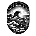  gentle wave half sleeve , sun setting sun by the sea with Greek band at base  tattoo design idea