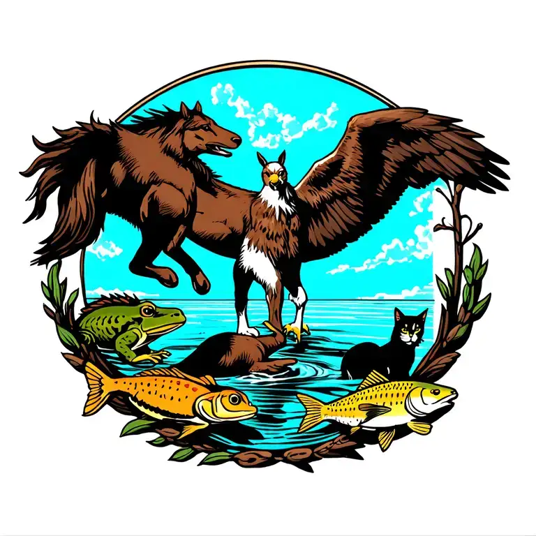 footprints of a Wolf, a rabbit, a frog, a horse, a cat, and a fish; held together by an eagle tattoo design idea