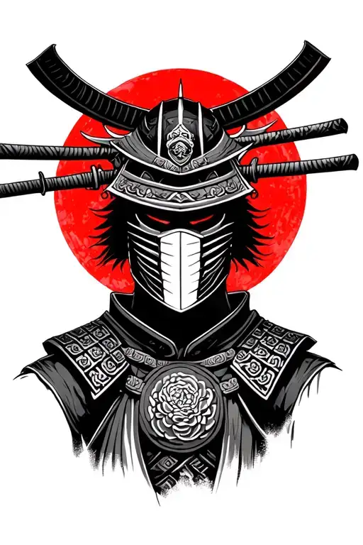 masked samurai full body with red sun background  tattoo design idea