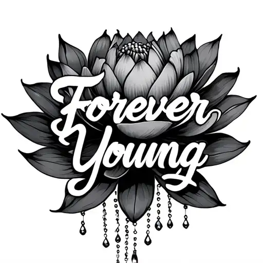 Full lotus, many petals, no stem, tiny dangling jewels.“Forever Young” curving around, Young emphasized. stylish font tattoo design idea