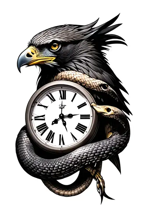 Hawk , Clock & snakes wrapped tattoo design idea
