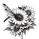 dragonfly, bee, sunflower, daisy flower tattoo design idea