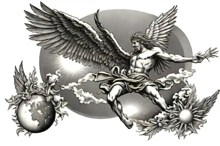 Icarus falling from sky with sun tattoo design idea