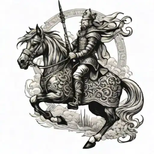 A surreal portrait of Cervantes riding a majestic horse through a field of windmills tattoo design idea