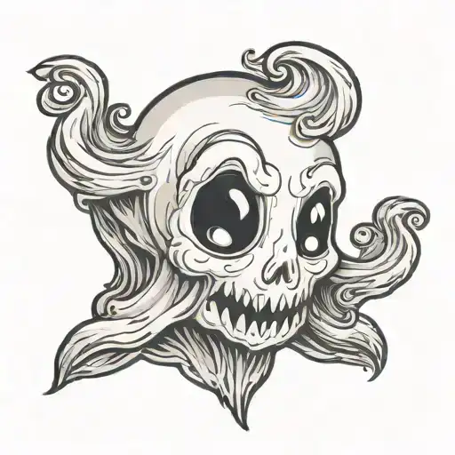 a side view of a male cartoonish, childlike, cute, melancholic ghost with a subtle, translucent glow, face isn't visible tattoo design idea