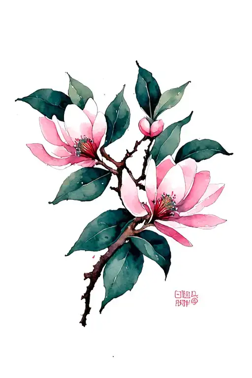 A Japanese-inspired illustration featuring a delicate branch adorned with vertically arranged soft pink magnolia blossom tattoo design idea