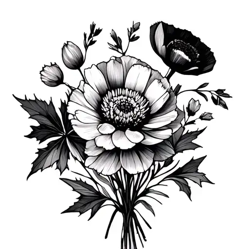 Bouquet of poppy flower, aster flower, holly branches, water Lilly flower. Simple, minimalist, dainty, fine-line tattoo design idea