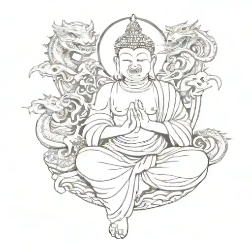 A sketch of a joyful Buddha laughing and playing with a group of playful dragons, symbolizing happiness and enlightenment tattoo design idea