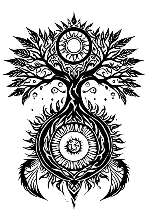 tribal design including army elements, tree of life, dna strand, goddess sun and moon in cente, dragon, hawaiian islands tattoo design idea