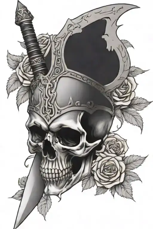 sword going through the top and out of the bottom of a skull wearing a viking crown, surrounded by roses  tattoo design idea