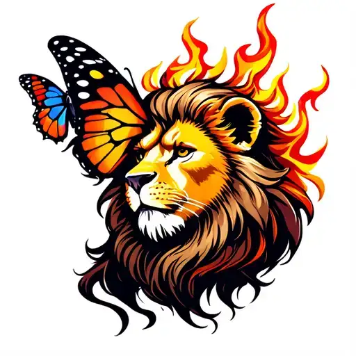 lion with fire hair, zodiac sign as lion ears , and  butterfly flying from it  tattoo design idea