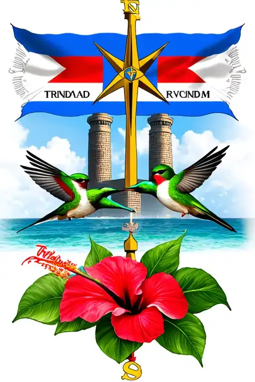 Trinidad with Trinidad flag compass twin towers steel pan masqueraders humming bird and hibiscus  tattoo design idea