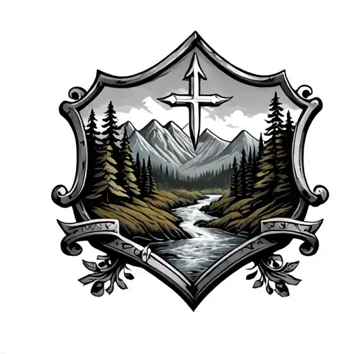 Templar shield metal outline with forest and mountain the background with stream in the middle towards mountains inside  tattoo design idea