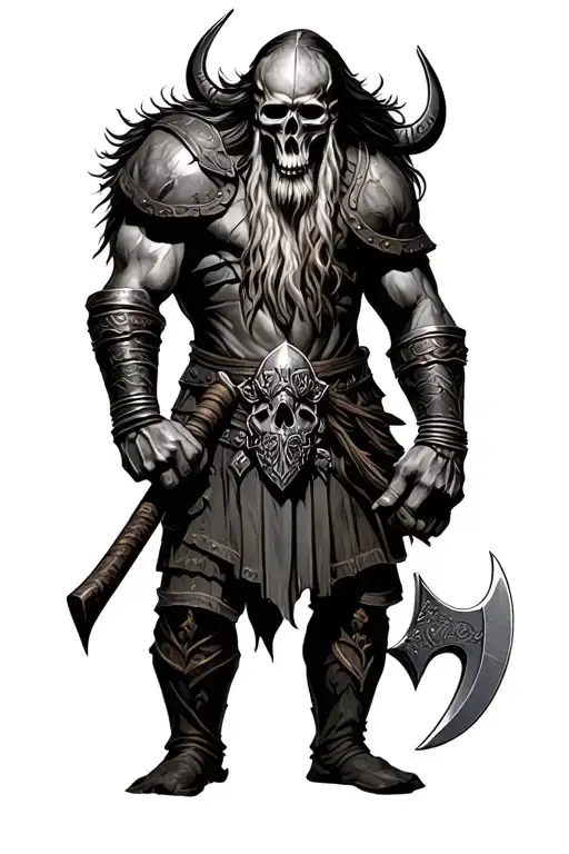 realistic viking warrior with skull head holding an axe tattoo design idea