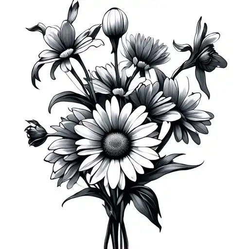 Daisy, Daisy, Sweet Pea, Narcissus flower bouquet minimalist tattoo design idea
