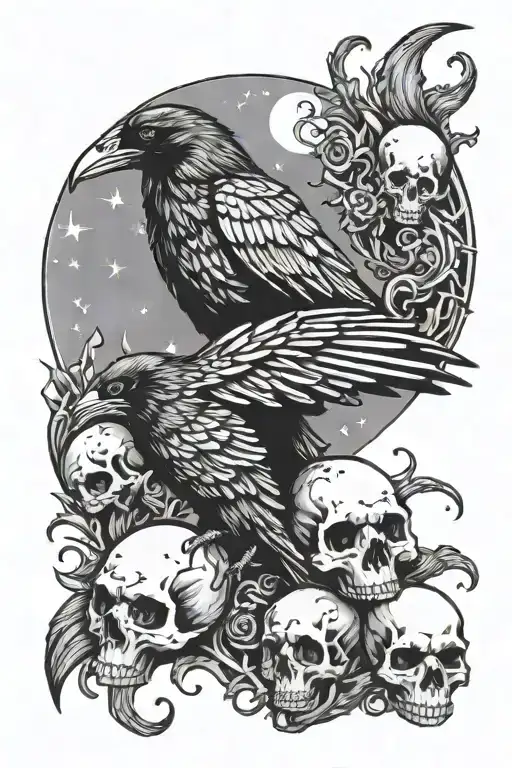 Raven and skulls Crescent moon made of thrones gothic  tattoo design idea