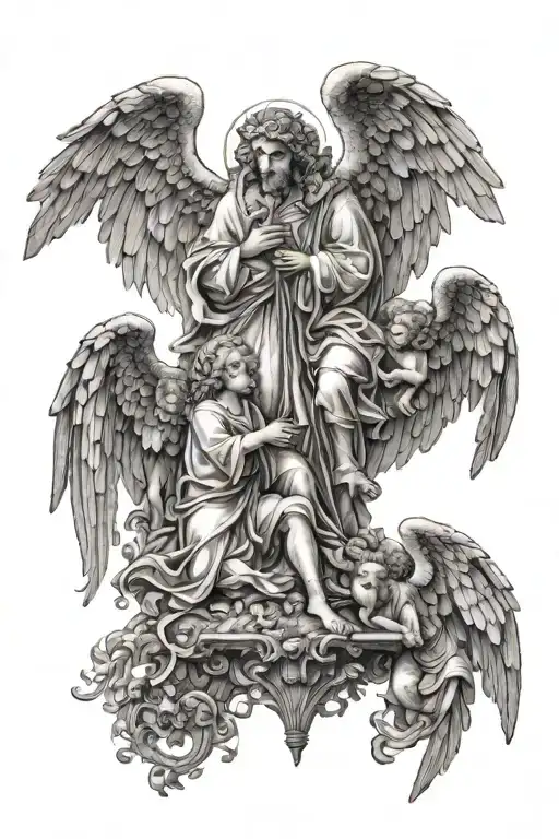 Renaissance gothic art style stencil. Incorporating angels and biblical analogies. lots of small details intricate. tattoo design idea