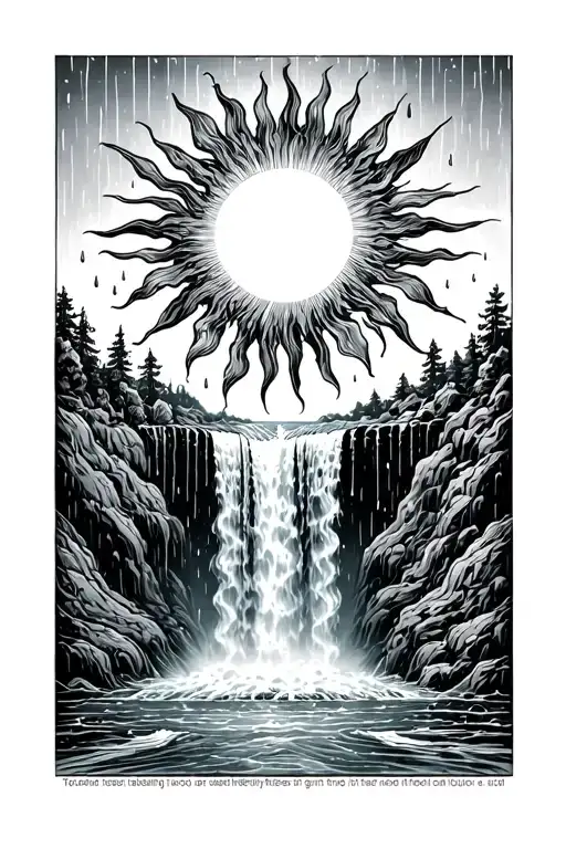 a sun melting into a waterfall that turns into rain tattoo design idea