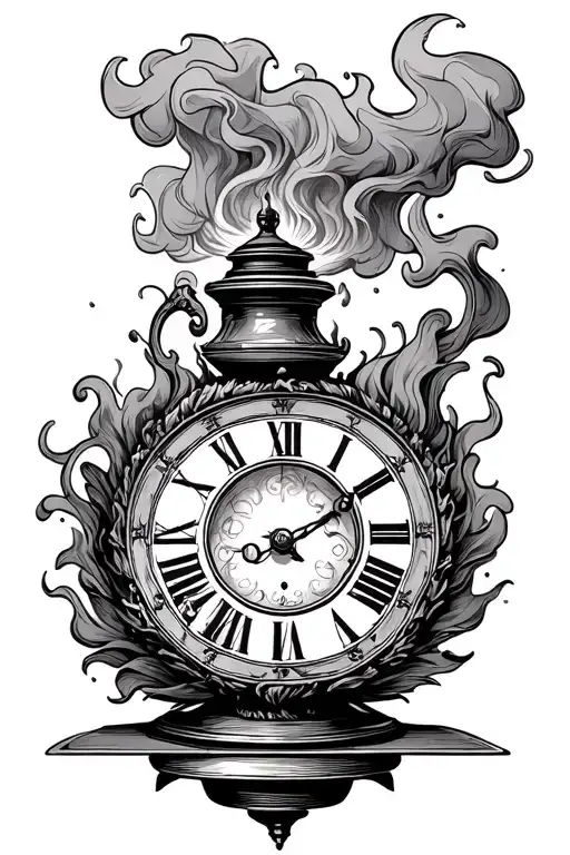 ancient oil lamp burning with smoke rising around a clock face tattoo design idea