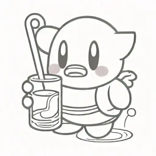 Kirby character black and white holding whiskey  tattoo design idea