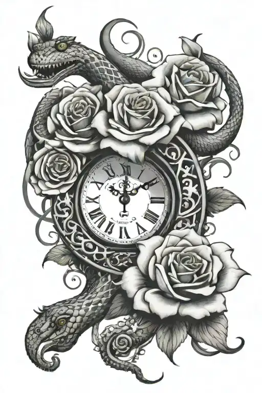 Hand clock with snake vining around and rose flower behind tattoo design idea