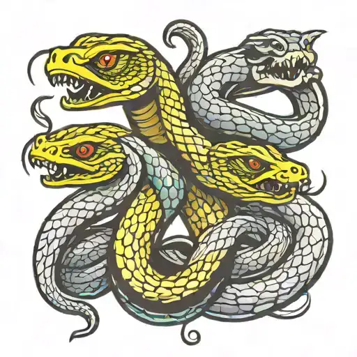 three headed snake with mask tattoo design idea
