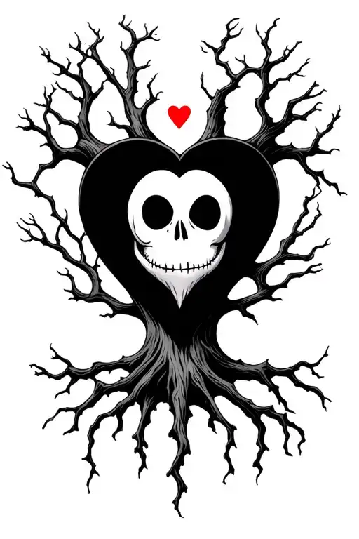 dead tree with alkaline trio heart logo with jack skellington skull in the center on the trunk tattoo design idea