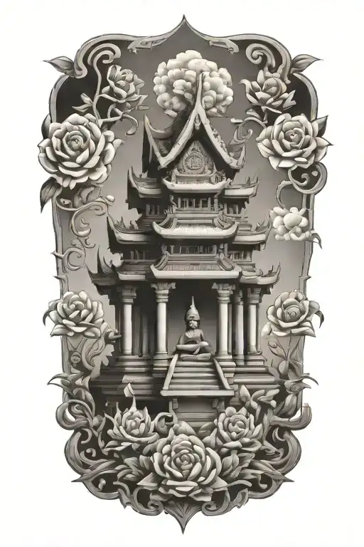 thai temple with flowers tattoo design idea
