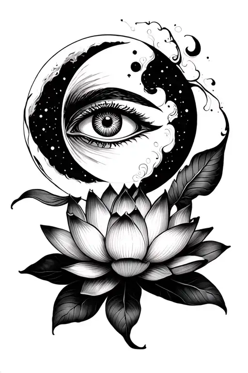 lotus flower with moon and evil eye coming out of lotus tattoo design idea