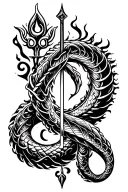 Trishul – weapon of dharma, piercing illusionCoiling serpent – kundalini, power, hidden knowledgeBurning mantra ring tattoo design idea