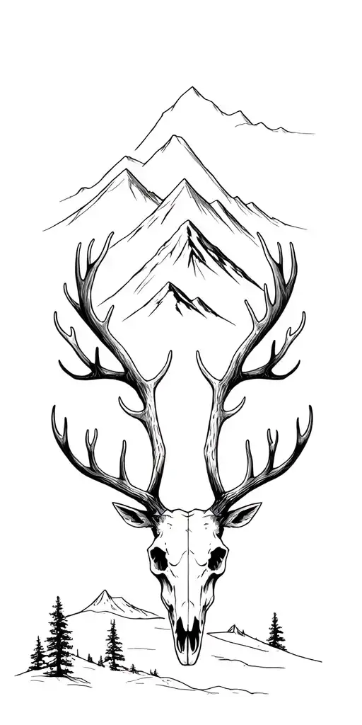 Trees at the base with mountains above and an elk skull with antlers tattoo design idea