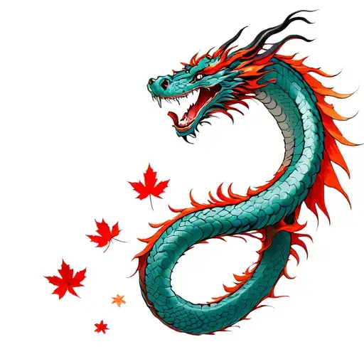 Fine line Japanese Dragon slithering long towering over samurai red highlights and maple leafs tattoo design idea