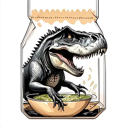 a T rex in a tea bag tattoo design idea