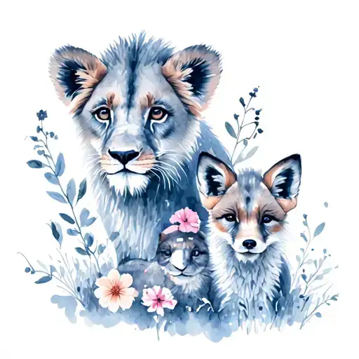 lion cub with 2 fox cubs with flowers  tattoo design idea