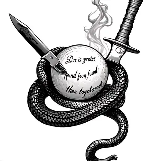 afl ball, the words "love is greater found then forced", knife, smoke, a snake wrapping the tattoo together  tattoo design idea