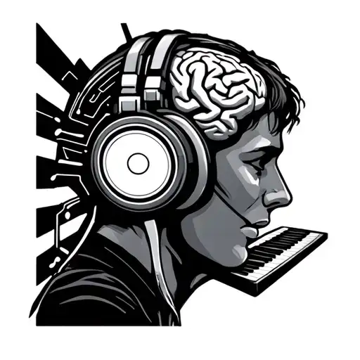 technology, circuit lines, brain, keyboard, human wearing headphones, audio speaker tattoo design idea