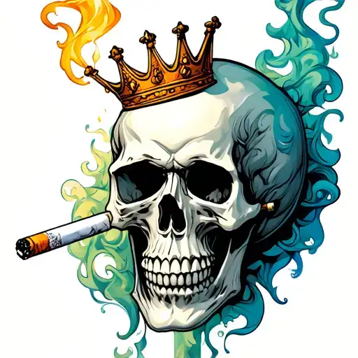 skull hand tattoo with a lit cigarette and smoke fading out from the cigarette then a crown under the cigarette tattoo design idea