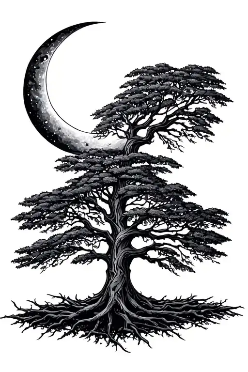 simple, linework nordic Willow tree with waning crescent moon and light symbol for grounding and connection  tattoo design idea