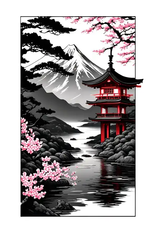 A mountain in the background with a river, sakura and a Japanese tori in the foreground tattoo design idea