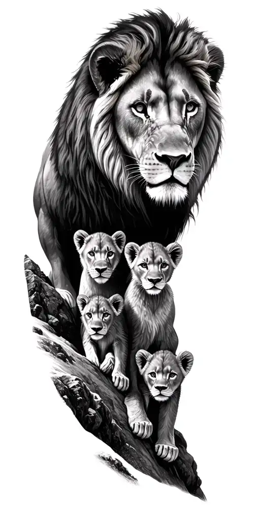 lion with 3 cubs on mountain scene tattoo design idea
