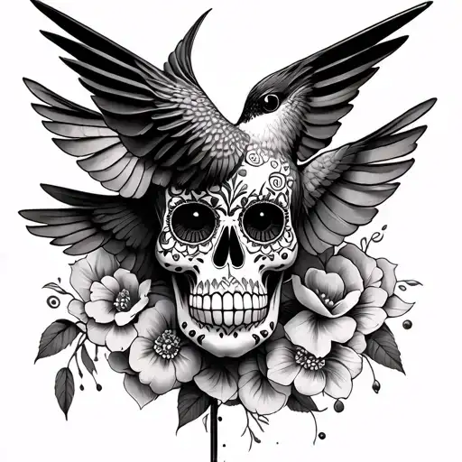 todem pole hummingbird with a sugar skull face tattoo design idea