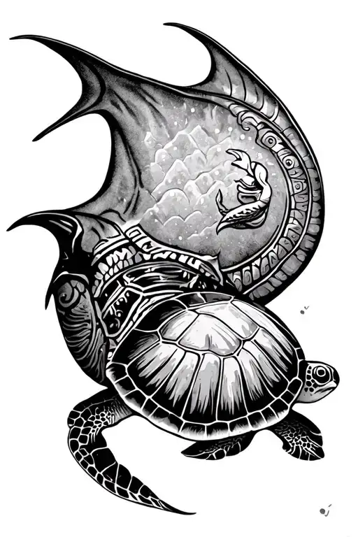 mayan themed manta ray and turtle swimming together tattoo design idea