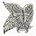 angel wings and in the middle it says chosen 1 and behind it says 3 tattoo design idea