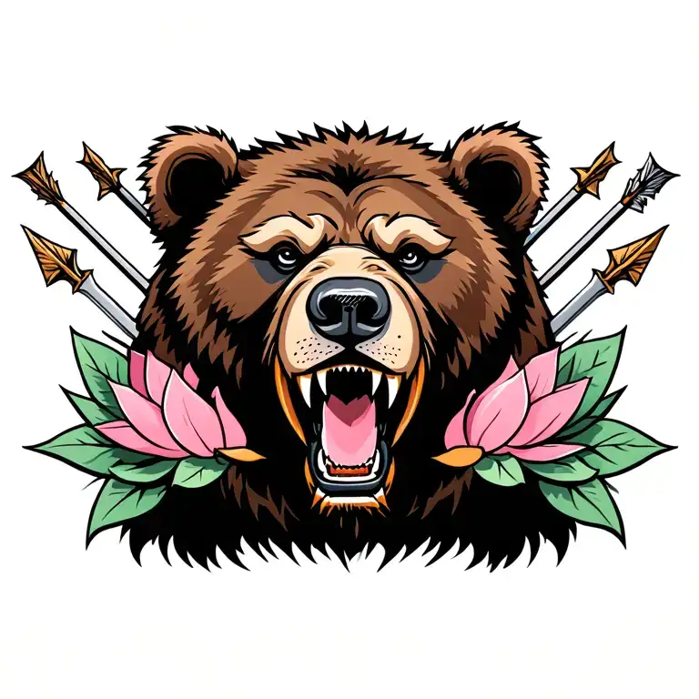 roaring bear trad style, lotus and mint, 6 arrows with 1 long sword centered vertically behind bear head tattoo design idea