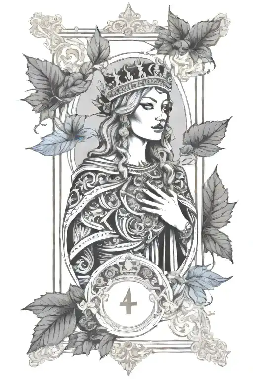 high priestess tarot card leaves around border black and white gold crown intertwined with sleeve of existing leaves tattoo design idea