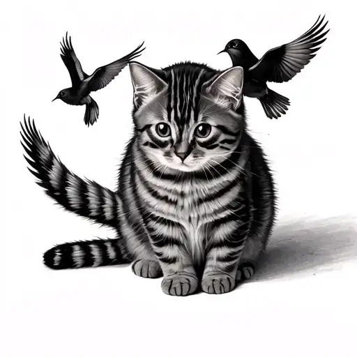 back of a tabby kitty playing with birds flying tattoo design idea
