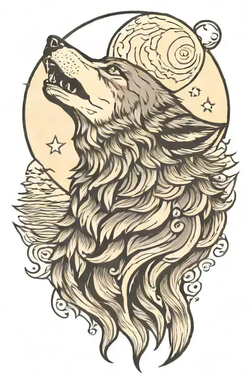 traditional wolf howling at the moon tattoo design idea