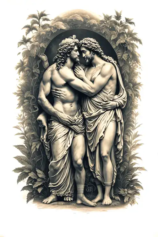 "The Two Great Gods of Earth" The Earth God Zeus looking down at Dionysus and Demeter hugging. there  is nature around The two hugging tattoo design idea
