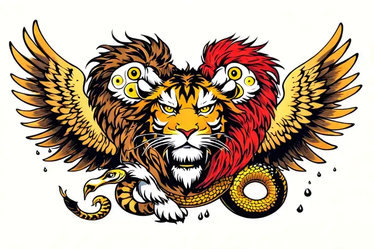 lion, tiger, eagle wings with 8 eyes besides them and say rain with rage show them no mercy in japanese with a serpent tattoo design idea